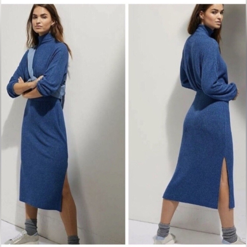Anthropologie Blue Sweater Turtleneck Long Sleeve Midi Dress Size S